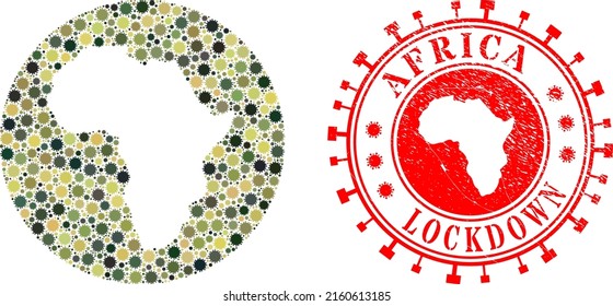 Vector mosaic Africa map of flu virus icons and grunge LOCKDOWN stamp. Mosaic geographic Africa map constructed as hole from circle with coronavirus icons in camouflage military colors.