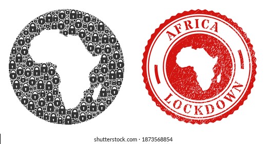 Vector mosaic Africa map of locks and grunge LOCKDOWN stamp. Mosaic geographic Africa map designed as carved shape from round shape with black locks.