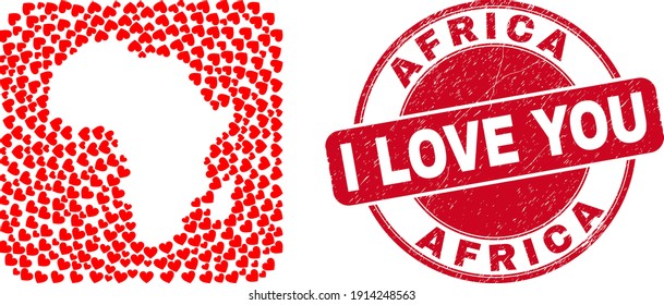 Vektor Mosaik Afrika Karte von Liebesherzen und grunge Liebe Robbe Stempel. Mosaik Geografische Afrika-Karte, die als Schablone aus abgerundeter quadratischer Form unter Verwendung von Liebesherzen konstruiert wurde.