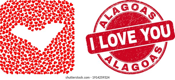 Vector mosaic Alagoas State map of love heart elements and grunge love stamp. Collage geographic Alagoas State map constructed as subtraction from rounded square shape with love hearts.