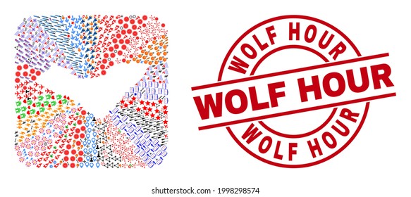 Mapa del estado de Alagoas de mosaico vectorial con diferentes íconos y sello de sello de la Hora del Lobo. Mapa del estado de Alagoas Mosaico diseñado como sustracción de forma cuadrada redondeada. Sello rojo redondo con palabra de "hora del lobo".