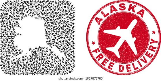 Vectormosaik Alaska Karte von Flugzeugen und grunge Grunge Free Delivery Badge. Mosaik geographische Alaska-Karte, die aus abgerundeter quadratischer Form mit Luftkraftzeichen als Schnitte entworfen wurde.