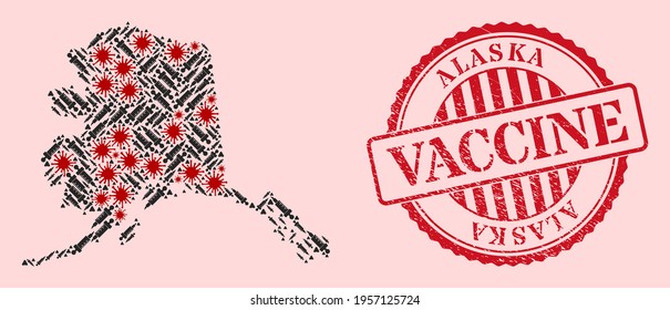 Mosaico vectorial Alaska mapa del coronavirus, iconos de la vacuna y sello de sello de la vacuna de grunge rojo. Partículas de virus y agujas de tratamiento dentro del mapa de Alaska.