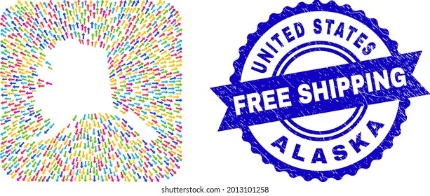 Vector mosaic Alaska map of pointing arrows and rubber Free Shipping seal. Mosaic Alaska map constructed as hole from rounded square shape with delivery arrows.