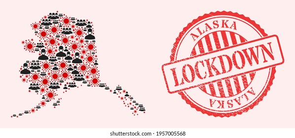 Vector mosaic Alaska map of SARS virus, masked people and red grunge lockdown stamp. Virus particles and people in masks inside Alaska map. Red stamp with corroded rubber texture and LOCKDOWN text.