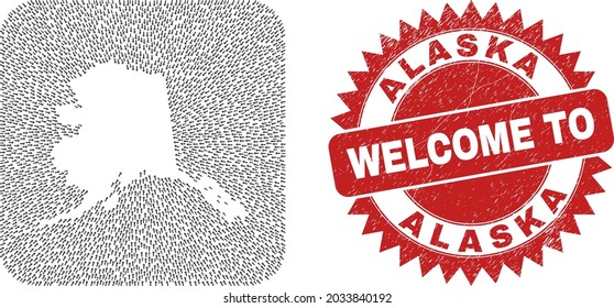 Vector mosaic Alaska map of straight arrows and rubber Welcome badge. Collage geographic Alaska map designed as carved shape from rounded square shape with straight arrows.