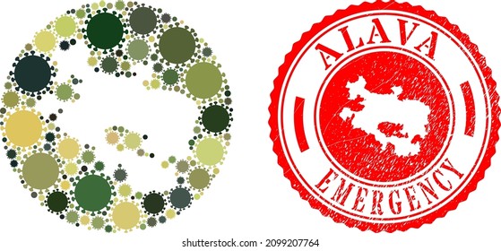 Vector mosaic Alava Province map of covid infection icons and grunge EMERGENCY badge.