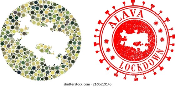Vector mosaic Alava Province map of virus outbreak icons and grunge LOCKDOWN stamp.