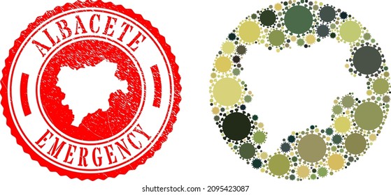 Vector mosaic Albacete Province map of covid virus elements and grunge EMERGENCY seal stamp.