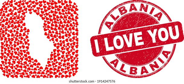Vector mosaic Albania map of lovely heart items and grunge love seal. Collage geographic Albania map constructed as carved shape from rounded square shape using love hearts.