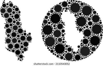 Vektor Mosaik Albanien Karte der Sars-Virus-Elemente. Mosaik geographische Albanien Karte, konstruiert als geschnitzte Form aus Kreis mit SARS-Viruselementen in schwarzen Farben. Vorlage für medizinische Poster.