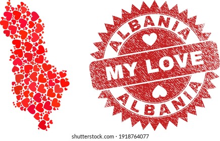 Vector mosaic Albania map of valentine heart items and grunge My Love badge. Collage geographic Albania map designed with valentine hearts.