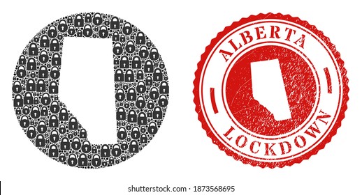 Vector mosaic Alberta Province map of locks and grunge LOCKDOWN seal. Mosaic geographic Alberta Province map constructed as hole from circle with black locks.