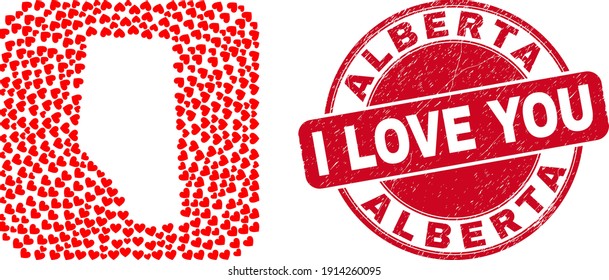Vector mosaic Alberta Province map of lovely heart items and grunge love seal stamp. Mosaic geographic Alberta Province map designed as hole from rounded square shape with love hearts.