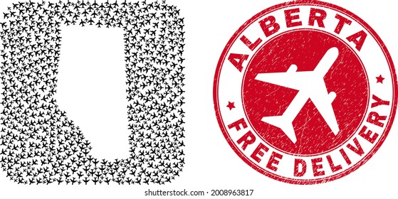 Vector mosaic Alberta Province map of air force items and grunge Free Delivery badge.