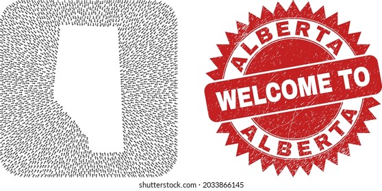 Vector mosaic Alberta Province map of movement arrows and rubber Welcome seal stamp. Mosaic geographic Alberta Province map created as subtraction from rounded square with pointer arrows.