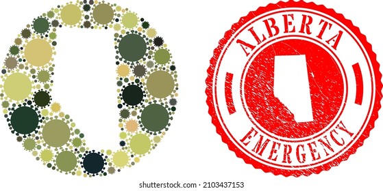 Vector mosaic Alberta Province map of viral icons and grunge EMERGENCY badge. Mosaic geographic Alberta Province map created as stencil from round shape with covid virus icons in khaki army colors.
