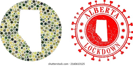 Vector mosaic Alberta Province map of covid infection items and grunge LOCKDOWN seal.