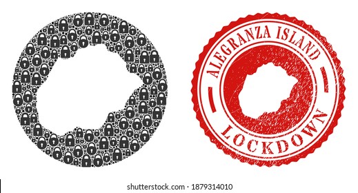 Vector mosaic Alegranza Island map of locks and grunge LOCKDOWN stamp. Mosaic geographic Alegranza Island map designed as carved shape from round shape with black locks.