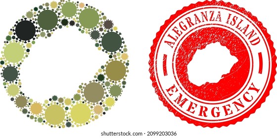 Vectormosaik Alegranza Island Karte von coviden Elementen und grunge NOTFE-Badge. Mosaik geographische Alegranza Insel Karte erstellt als Schablone aus Kreis mit coviden Elementen in khaki militärischen Farben.