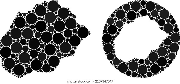 Mosaico vectorial Isla Alegranza mapa de partes redondas. El mapa geográfico mosaico de la isla Alegranza se construye como un agujero de forma redonda con elementos redondeados en tonos negros.