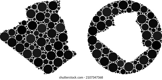 Vector mosaic Algeria map of circle items. Mosaic geographic Algeria map created as hole from circle with circle dots in black color hues. Pixelated vector mosaic Algeria map.