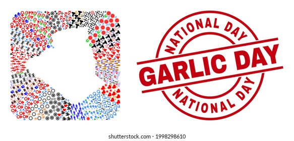 Vector mosaic Algeria map of different icons and National Day Garlic Day seal stamp. Mosaic Algeria map designed as subtraction from rounded square shape.