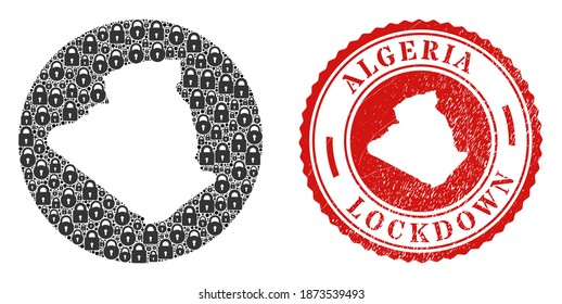 Vector mosaic Algeria map of locks and grunge LOCKDOWN stamp. Mosaic geographic Algeria map constructed as carved shape from round shape with black locks.