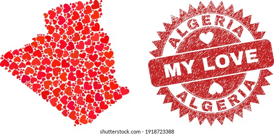 Vector mosaic Algeria map of love heart items and grunge My Love seal stamp. Mosaic geographic Algeria map designed using love hearts. Red rosette stamp with corroded rubber texture and my love tag.