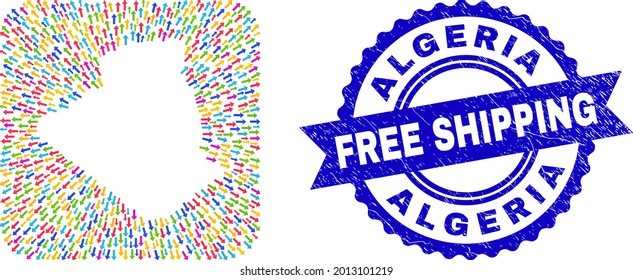 Vector mosaic Algeria map of navigation arrows and scratched Free Shipping seal stamp. Mosaic Algeria map designed as subtraction from rounded square using navigation arrows.