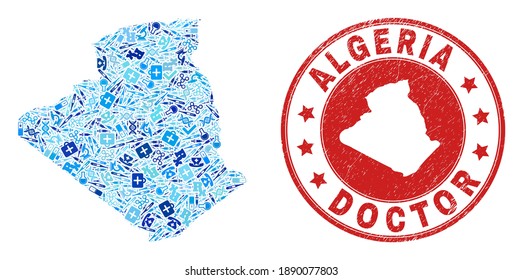 Vector mosaic Algeria map with syringe icons, labs symbols, and grunge health care stamp. Red round stamp with unclean rubber texture and Algeria map tag and map.