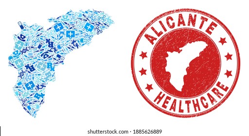 Vector mosaic Alicante Province map with inoculation icons, receipt symbols, and grunge doctor rubber imitation.