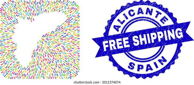 Vector mosaic Alicante Province map of out arrows and rubber Free Shipping seal stamp. Mosaic Alicante Province map designed as carved shape from rounded square shape with moving arrows.
