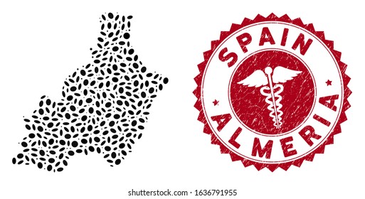 Vector mosaic Almeria Province map and red round distressed stamp seal with health care sign. Almeria Province map collage formed with oval items. Red round medical seal stamp, with unclean texture.