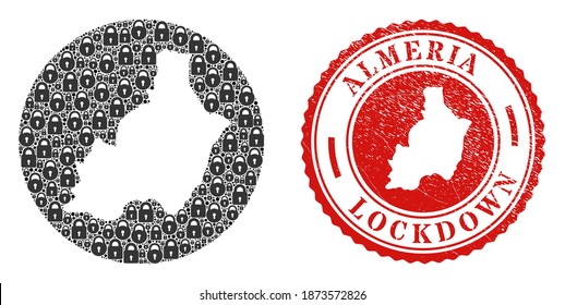 Vektor mosaic Almeria Provinz Karte der Schlösser und grunge LOCKDOWN Stempel. Mosaik geographische Landkarte der Provinz Almeria entworfen als Loch aus runden Formen mit schwarzen Schlössern.