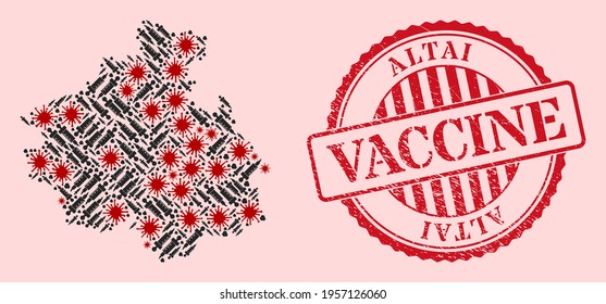 Vector mosaic Altai Republic map of covid-2019 virus, treatment icons, and red grunge vaccination stamp. Virus items and dose items inside Altai Republic map.