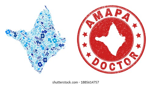 Vector mosaic Amapa state map with healthcare icons, medicine symbols, and grunge health care seal. Red round watermark with grunge rubber texture and Amapa state map word and map.