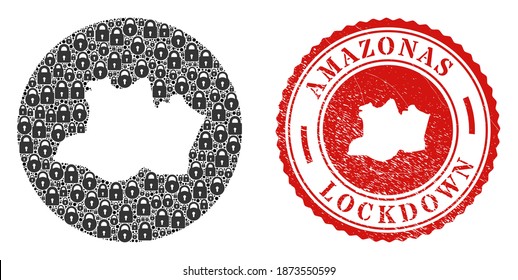 Vector mosaic Amazonas State map of locks and grunge LOCKDOWN seal. Mosaic geographic Amazonas State map constructed as hole from circle with black locks.