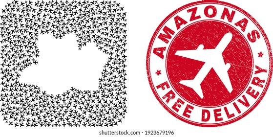 Vector mosaic Amazonas State map of jet vehicle items and grunge Free Delivery seal stamp.