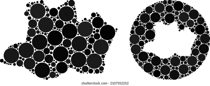 Vector mosaic Amazonas State map of sphere elements. Mosaic geographic Amazonas State map is constructed as subtraction from round shape with sphere elements in black colors.