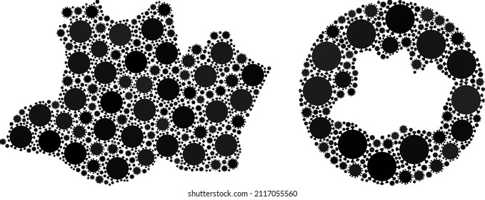 Vector mosaic Amazonas State map of virus icons. Mosaic geographic Amazonas State map constructed as stencil from circle with covid infection icons in black colors. Template for lockdown purposes.