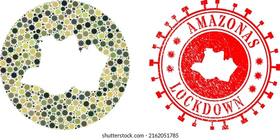 Vector mosaic Amazonas State map of virus elements and grunge LOCKDOWN seal stamp. Mosaic geographic Amazonas State map designed as hole from circle with flu virus icons in khaki army color hues.