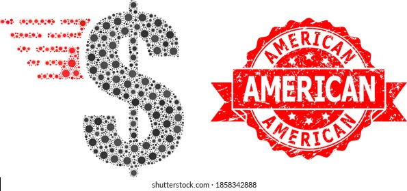 Mosaico vectorial dólar americano de virus de la corona, y sello estadounidense impuro de cinta. Elementos de virus dentro del mosaico americano del dólar. El sello rojo incluye el título americano dentro de la cinta.