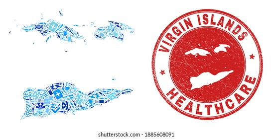 Vector mosaic American Virgin Islands map of injection icons, medicine symbols, and grunge doctor imprint. Red round seal with grunge rubber texture and American Virgin Islands map text and map.