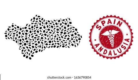 Vector mosaic Andalusia Province map and red rounded rubber stamp seal with doctor icon. Andalusia Province map collage created with ellipse elements. Red rounded caduceus seal stamp,