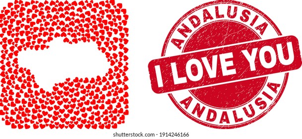 Mapa vectorial de la provincia de Andalucía de elementos valentinos del corazón y estampado de amor granulado.