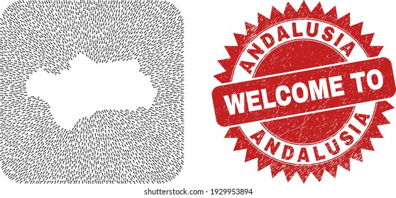 Vector mosaic Andalusia Province map of migration arrows and grunge Welcome stamp. Mosaic geographic Andalusia Province map created as carved shape from rounded square with movement arrows.