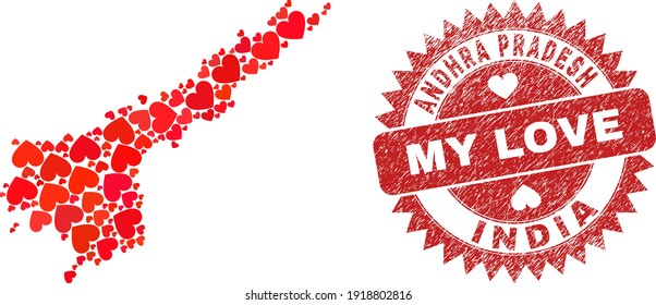 Mosaico vectorial del estado de Andhra Pradesh mapa de adorables ítems cardíacos y estampado de sello de mi amor. Mapa geográfico mosaico del estado de Andhra Pradesh construido con corazones de amor.