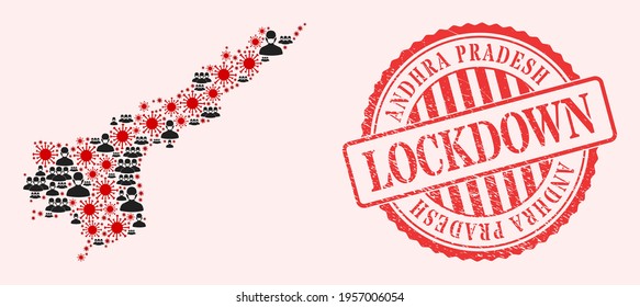 Vector mosaic Andhra Pradesh State map of corona virus, masked people and red grunge lockdown seal stamp. Virus cells and people in masks inside Andhra Pradesh State map.