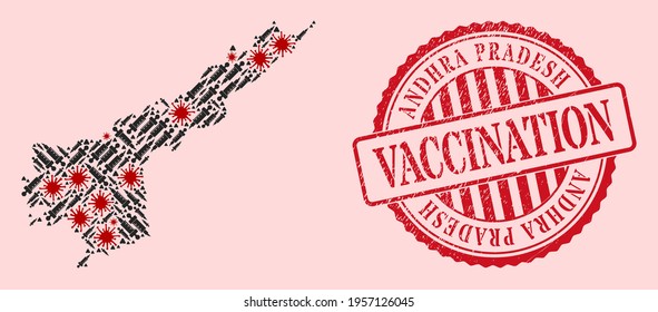 Vector mosaic Andhra Pradesh State map of corona virus, syringe icons, and red grunge vaccination seal stamp. Virus particles and vaccination particles inside Andhra Pradesh State map.